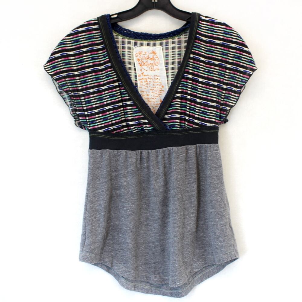 Scrapbook Originals Boho Short Sleeves Ruffle Bottom Striped Blouse Top Small